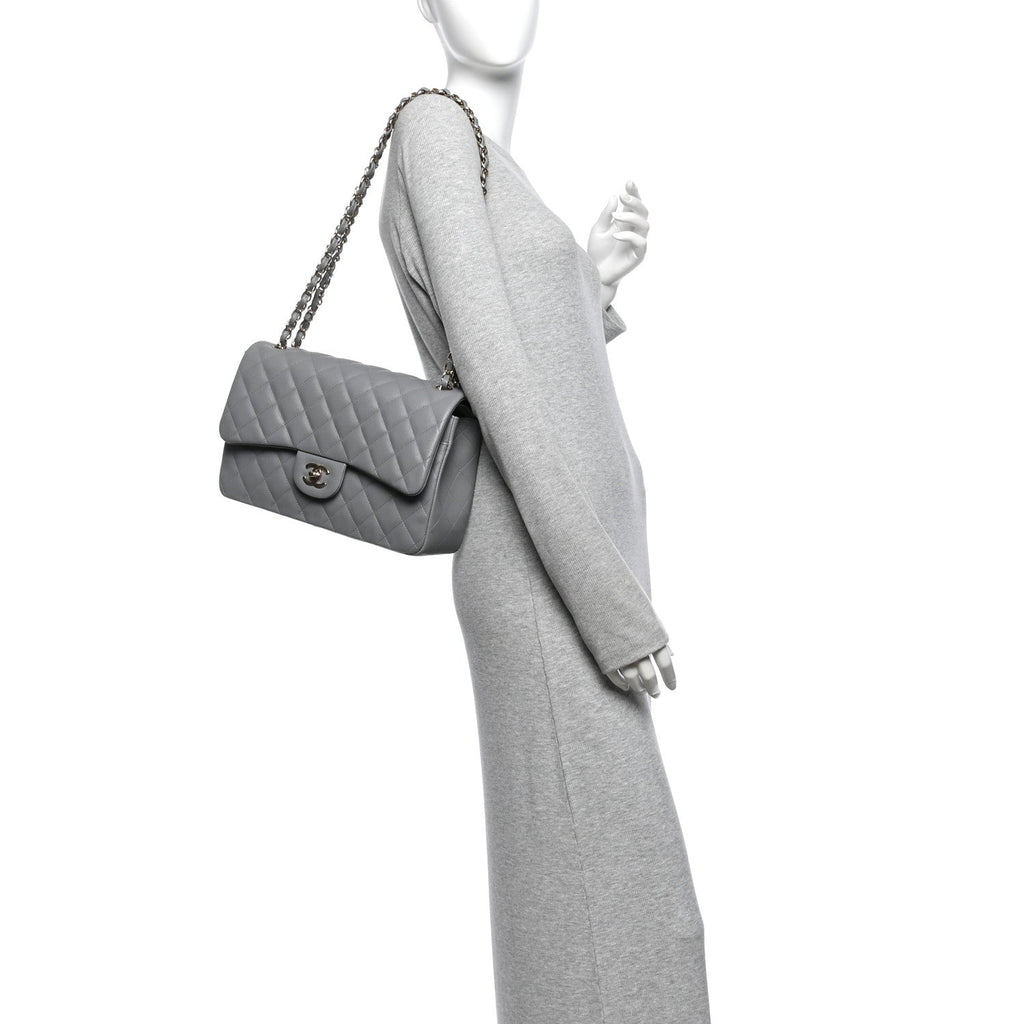 Caviar Quilted Jumbo Double Flap Grey wholesalehk.shop