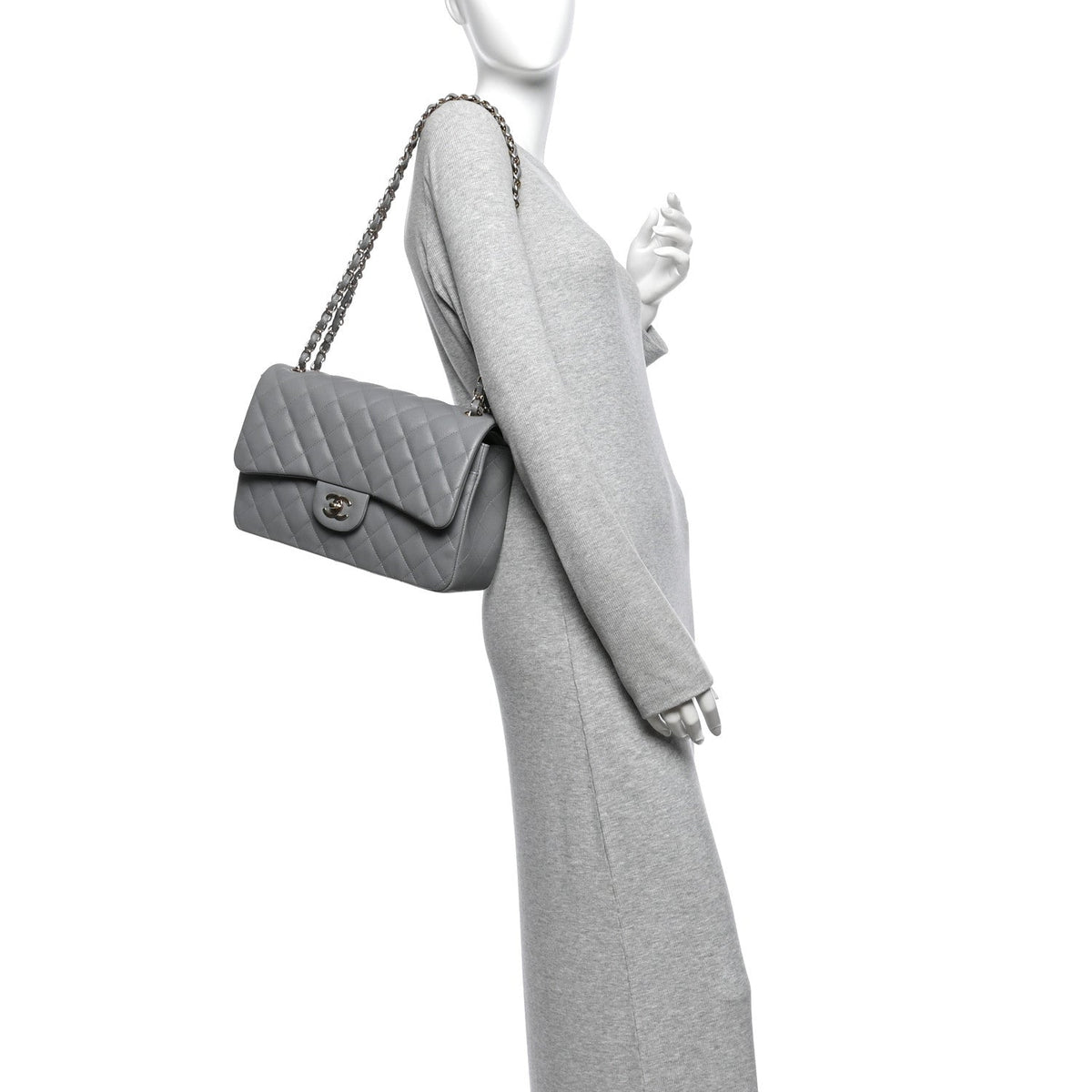 Caviar Quilted Jumbo Double Flap Grey wholesalehk.shop