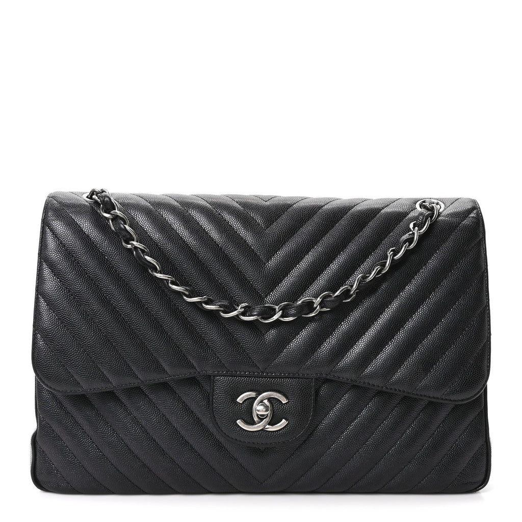 Iridescent Caviar Chevron Quilted Jumbo Double Flap Black wholesalehk.shop