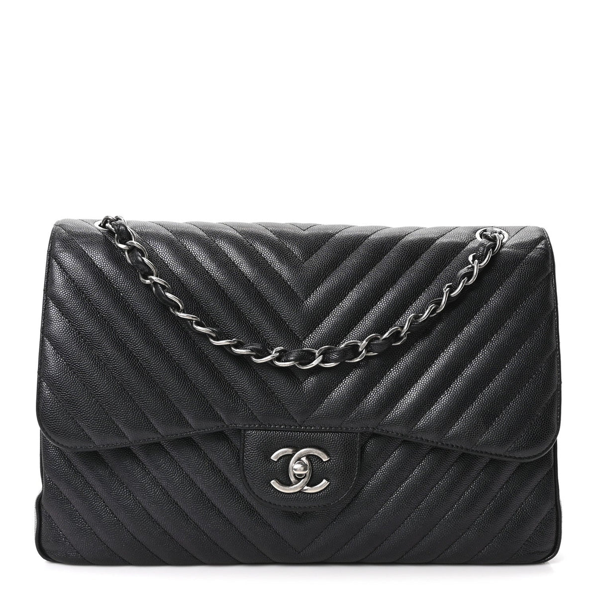 Iridescent Caviar Chevron Quilted Jumbo Double Flap Black wholesalehk.shop