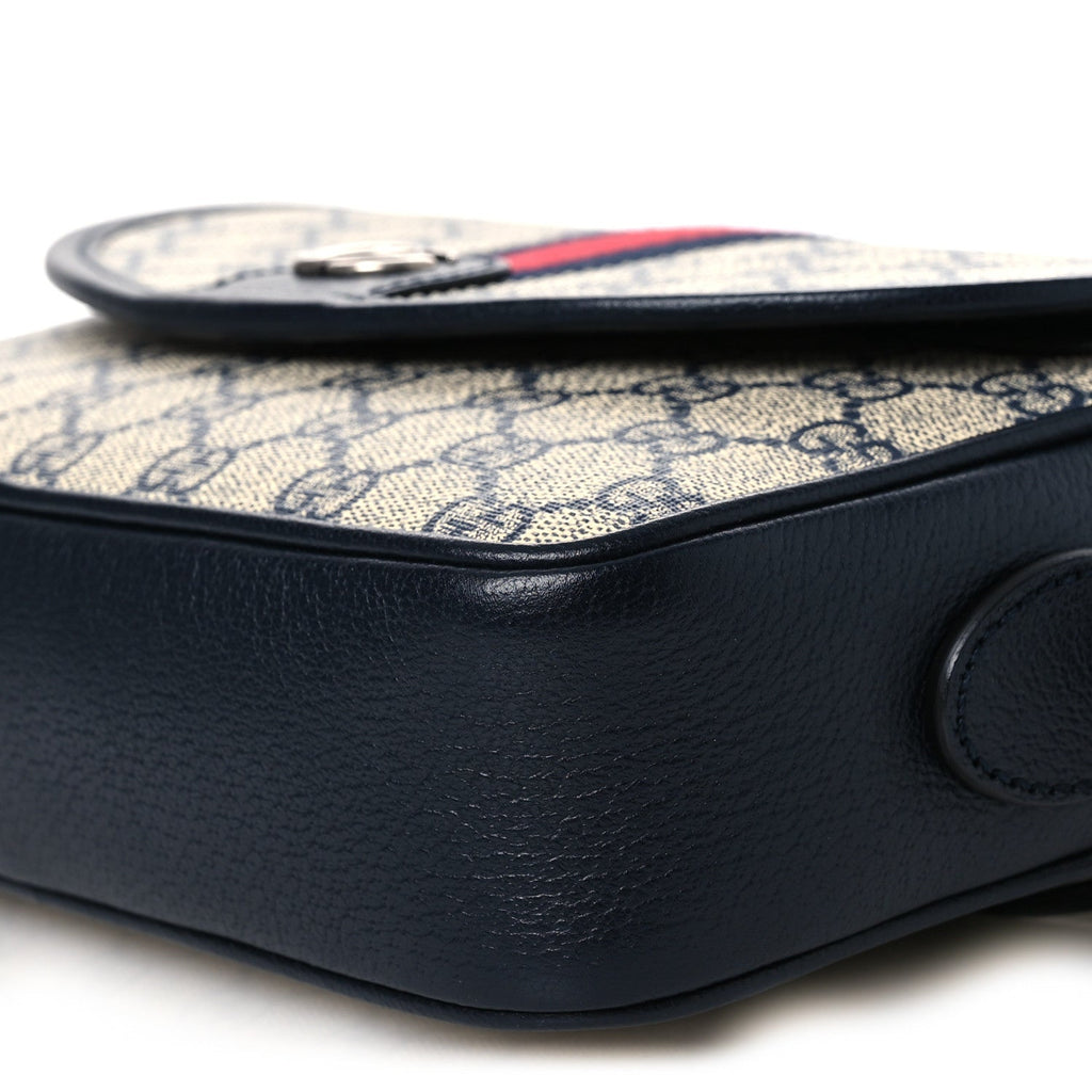 GG Supreme Monogram Textured Dollar Calfskin Web Studded Mini Ophidia Flap Shoulder Bag Beige Blue wholesalehk.shop