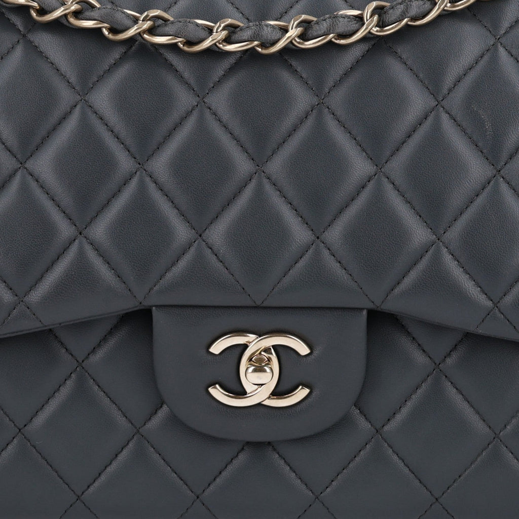 Lambskin Quilted Jumbo Double Flap Dark Grey wholesalehk.shop