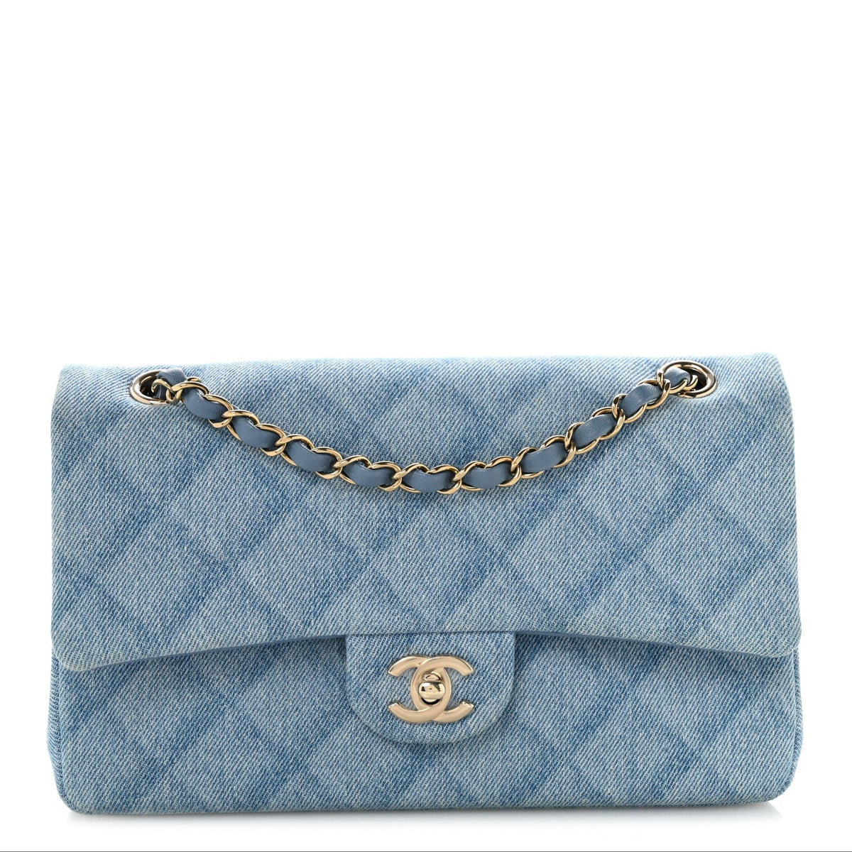 Printed Denim Quilted Medium Double Flap Light Blue wholesalehk.shop