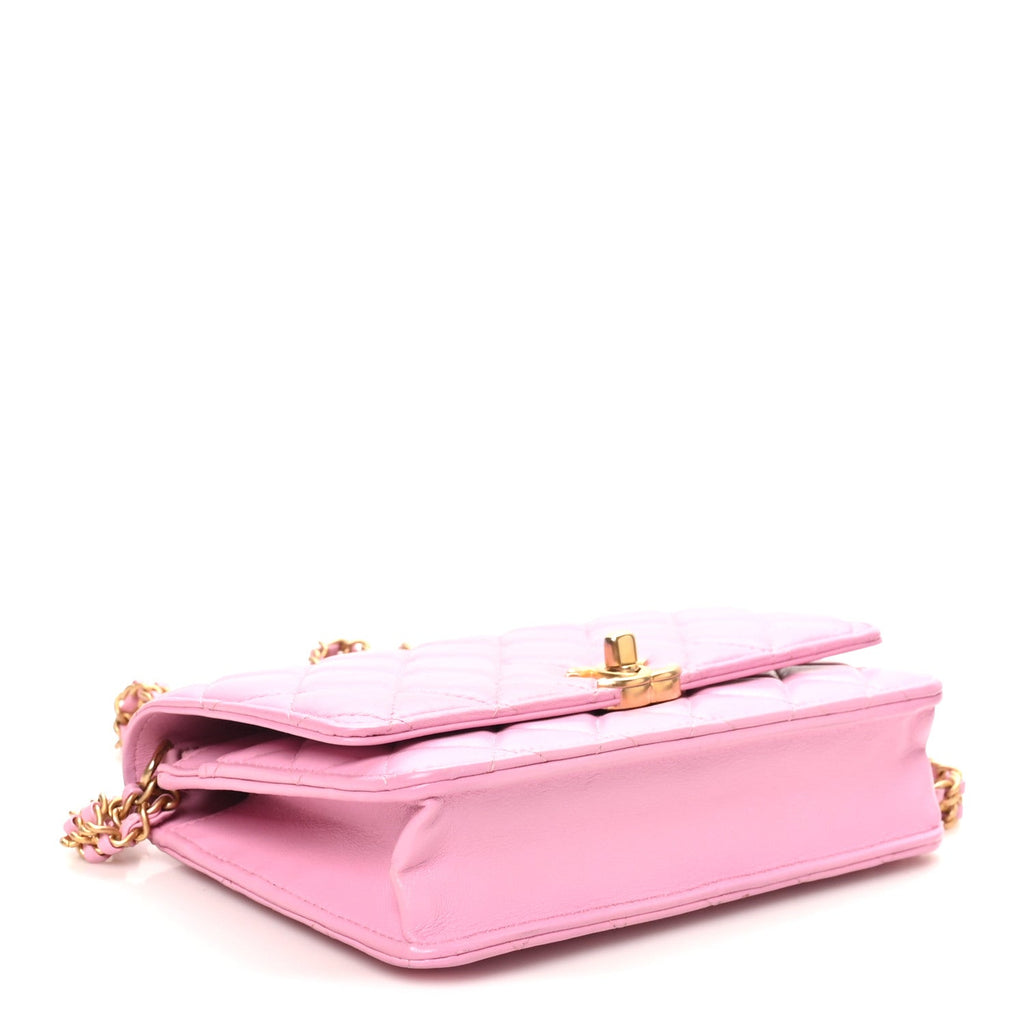 Lambskin Quilted Secret CC Wallet On Chain WOC Pink wholesalehk.shop