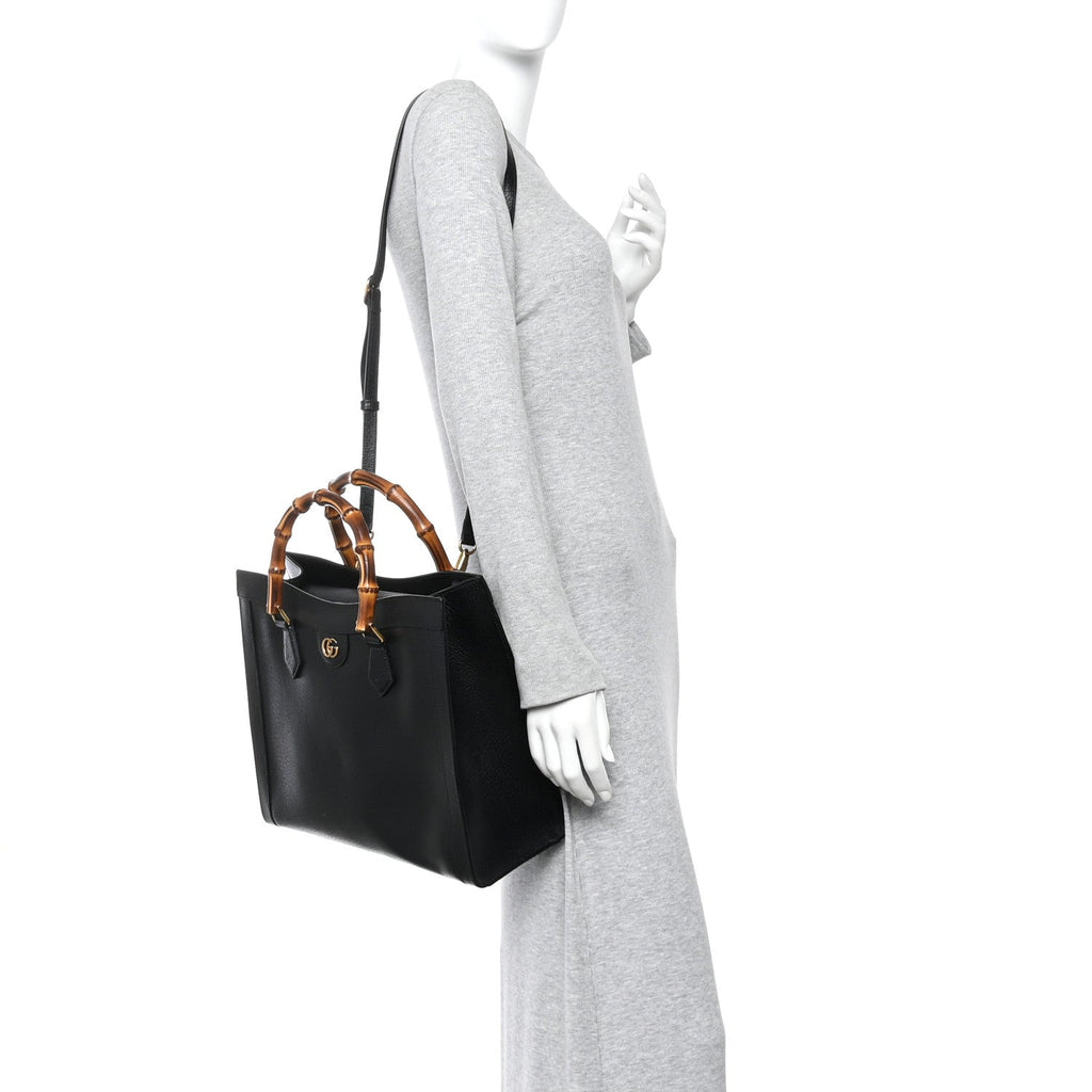 Textured Dollar Calfskin Web Medium Diana Tote Bag Black Dusty Grey wholesalehk.shop