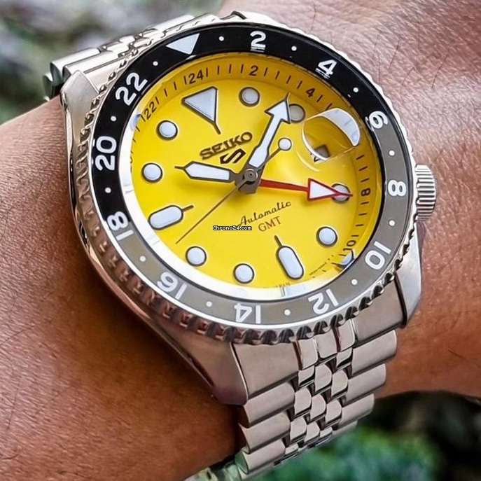 Seiko 5 Sport SKX GMT US Special Creation Automatic Yellow Dial Silver Steel Strap Watch for Men - SSK017K1 wholesalehk.shop