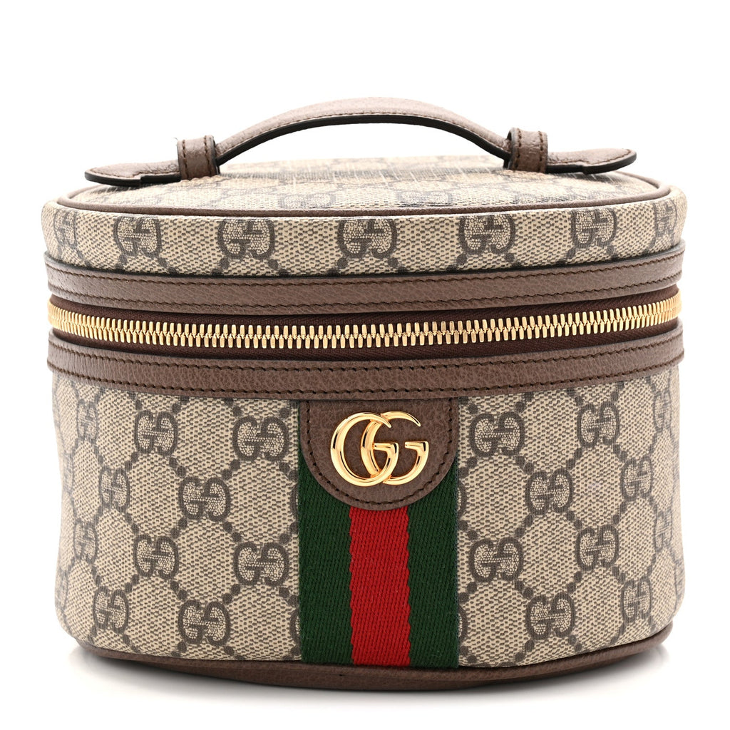 GG Supreme Monogram Textured Calfskin Web Ophidia Vanity Cosmetic Case Beige Ebony New Acero wholesalehk.shop