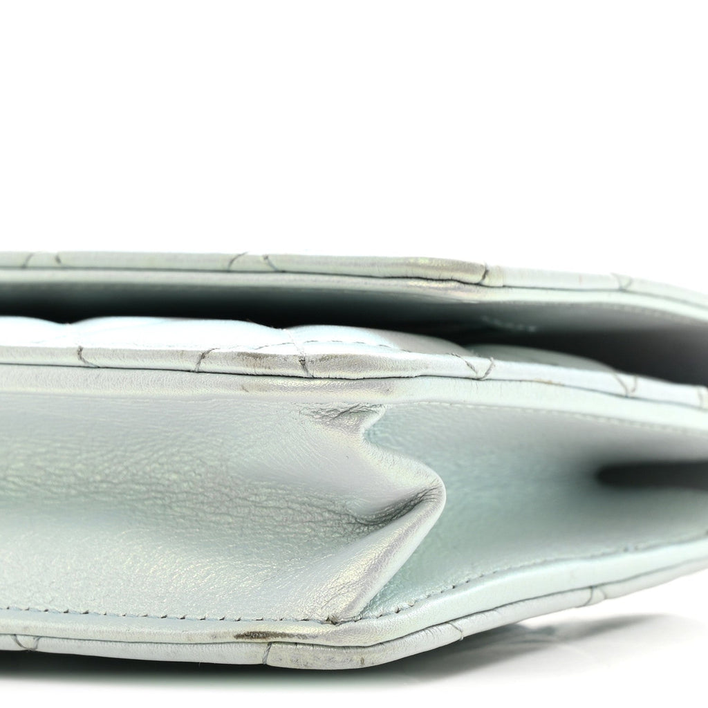 Iridescent Calfskin Quilted Wallet On Chain WOC Light Blue wholesalehk.shop