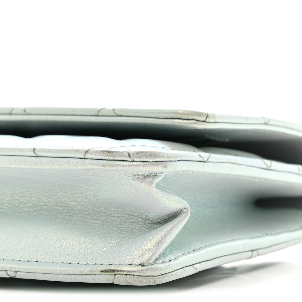 Iridescent Calfskin Quilted Wallet On Chain WOC Light Blue wholesalehk.shop