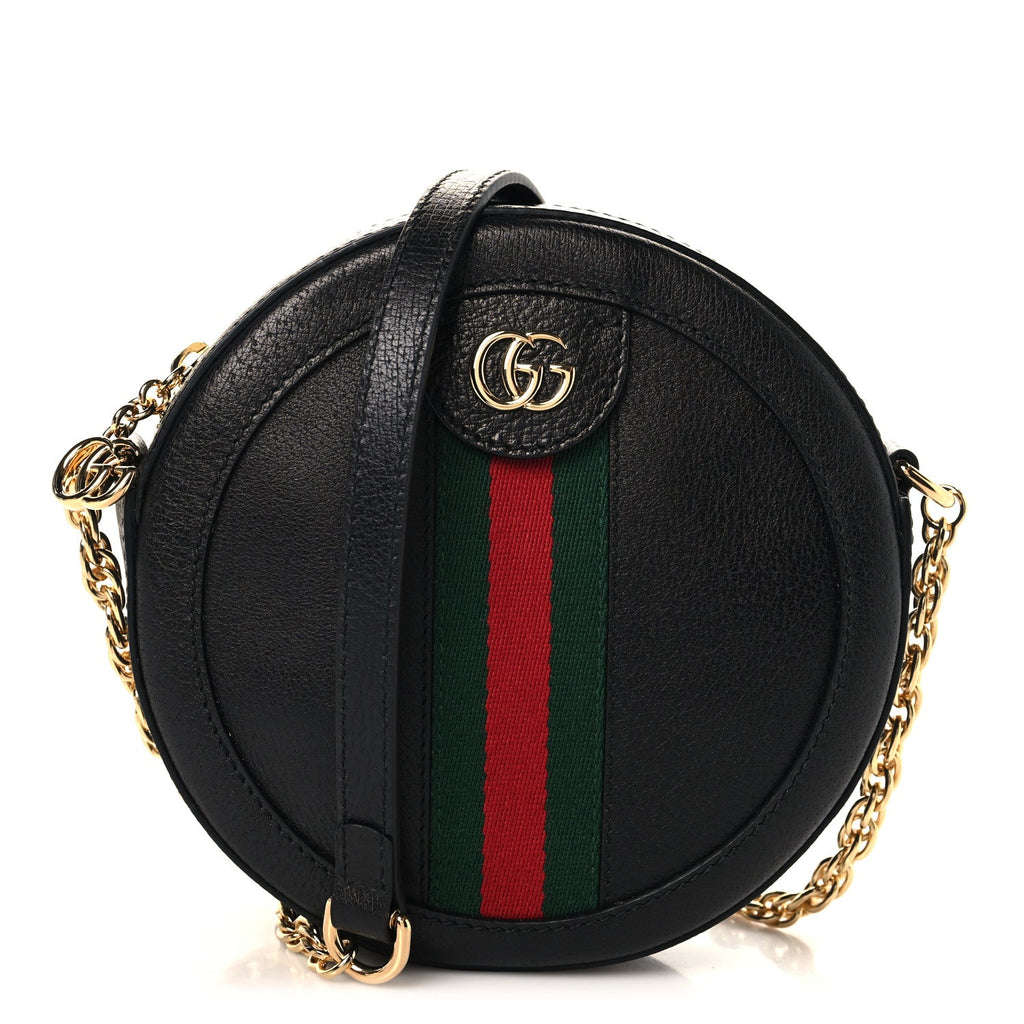 Grained Calfskin Web Mini Ophidia Round Shoulder Bag Black wholesalehk.shop