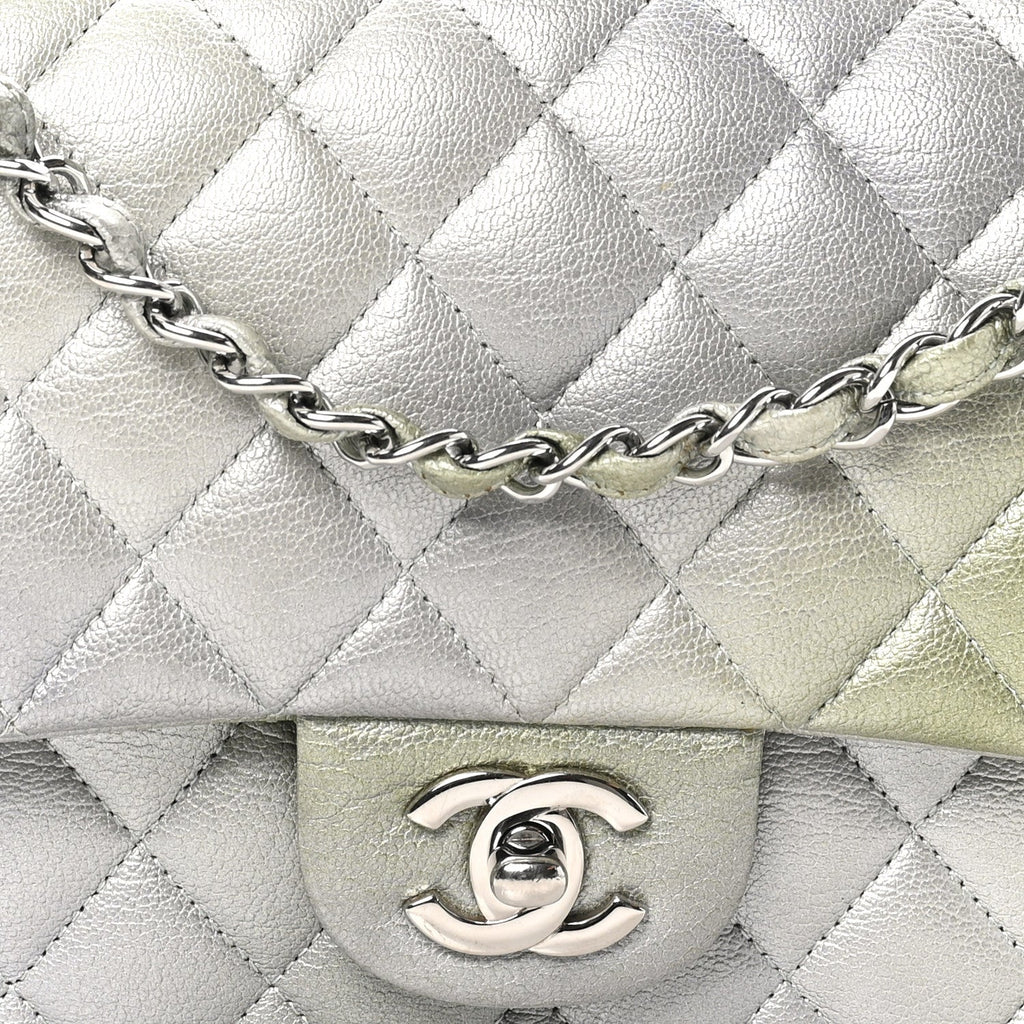 Metallic Goatskin Quilted Ombre Medium Double Flap Grey Green wholesalehk.shop