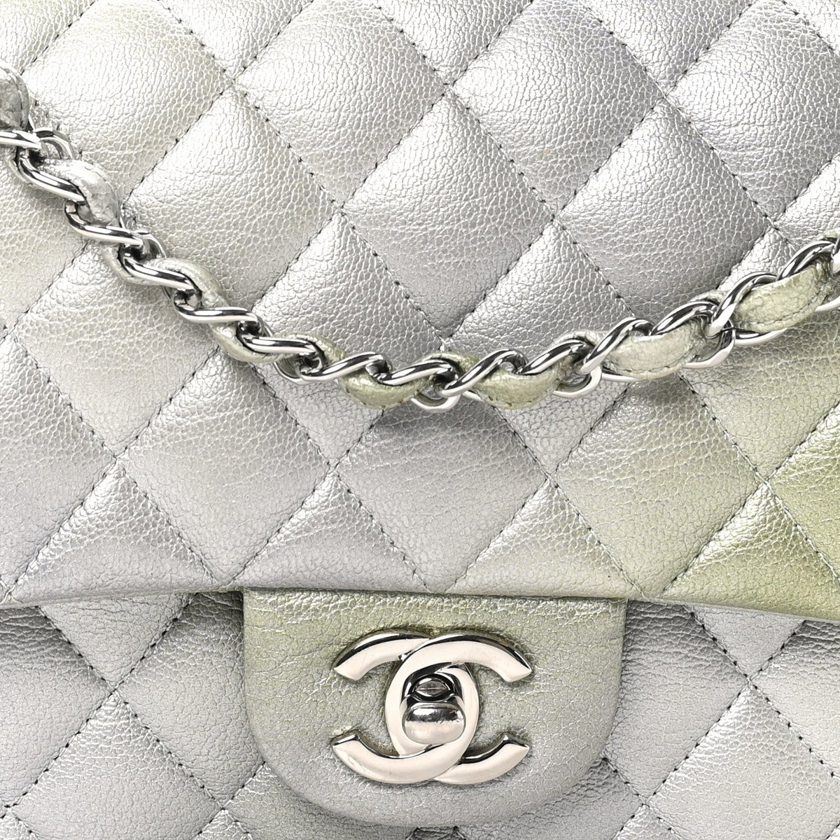 Metallic Goatskin Quilted Ombre Medium Double Flap Grey Green wholesalehk.shop
