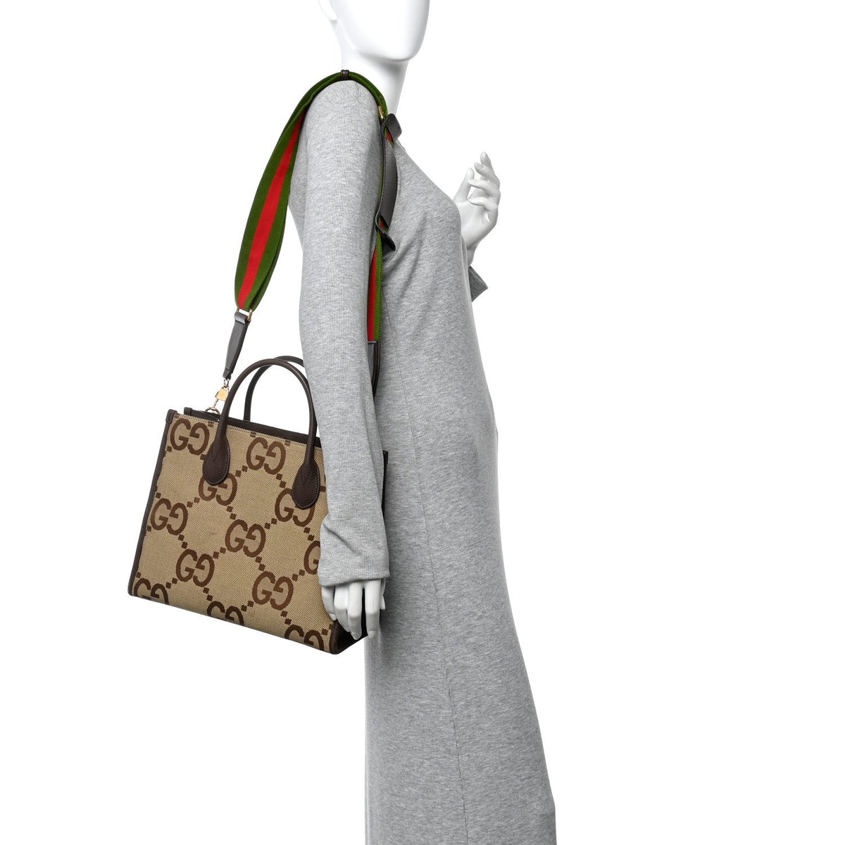 Monogram Jumbo GG Textured Dollar Calfskin Web Small Tote Bag Camel Ebony New Acero wholesalehk.shop