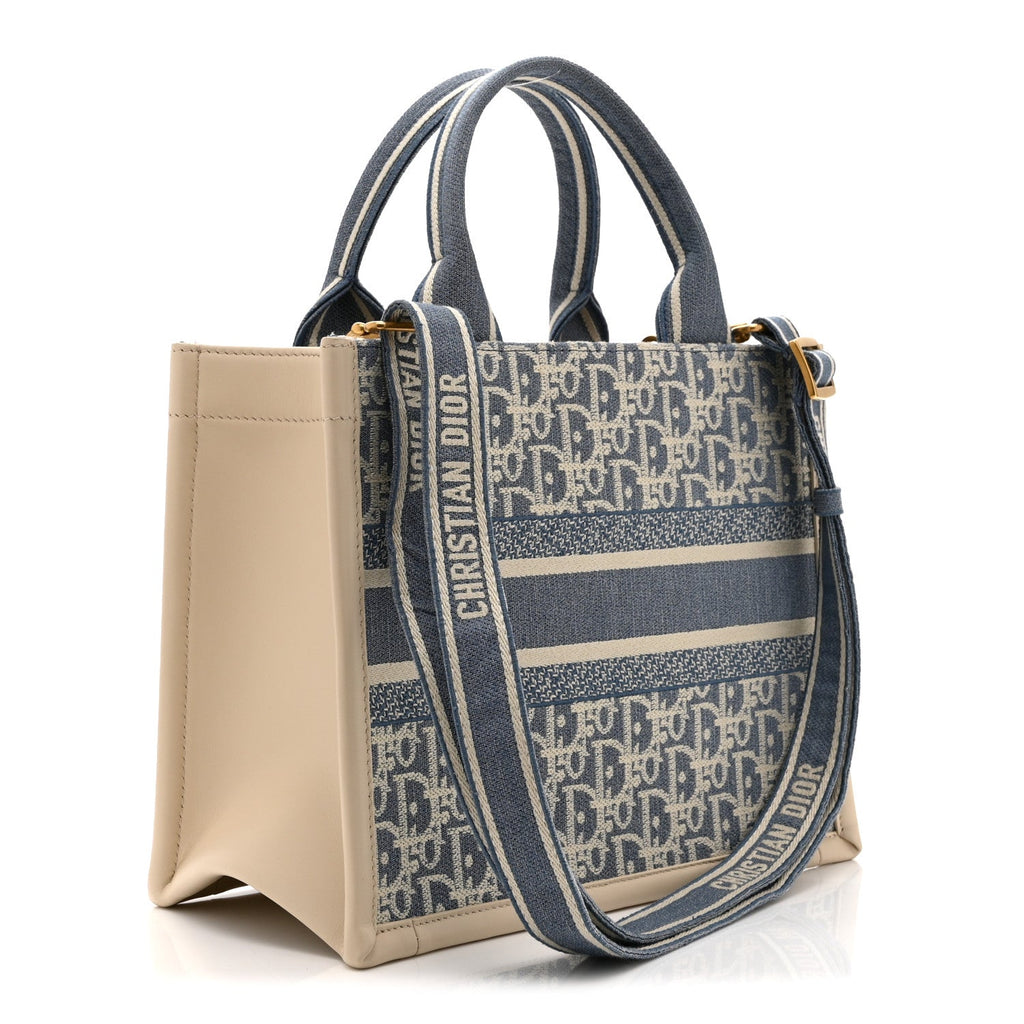 Oblique Chambray Calfskin Small Book Tote With Strap Blue Latte £¨ Direct shipment via from wholesalehk.shop