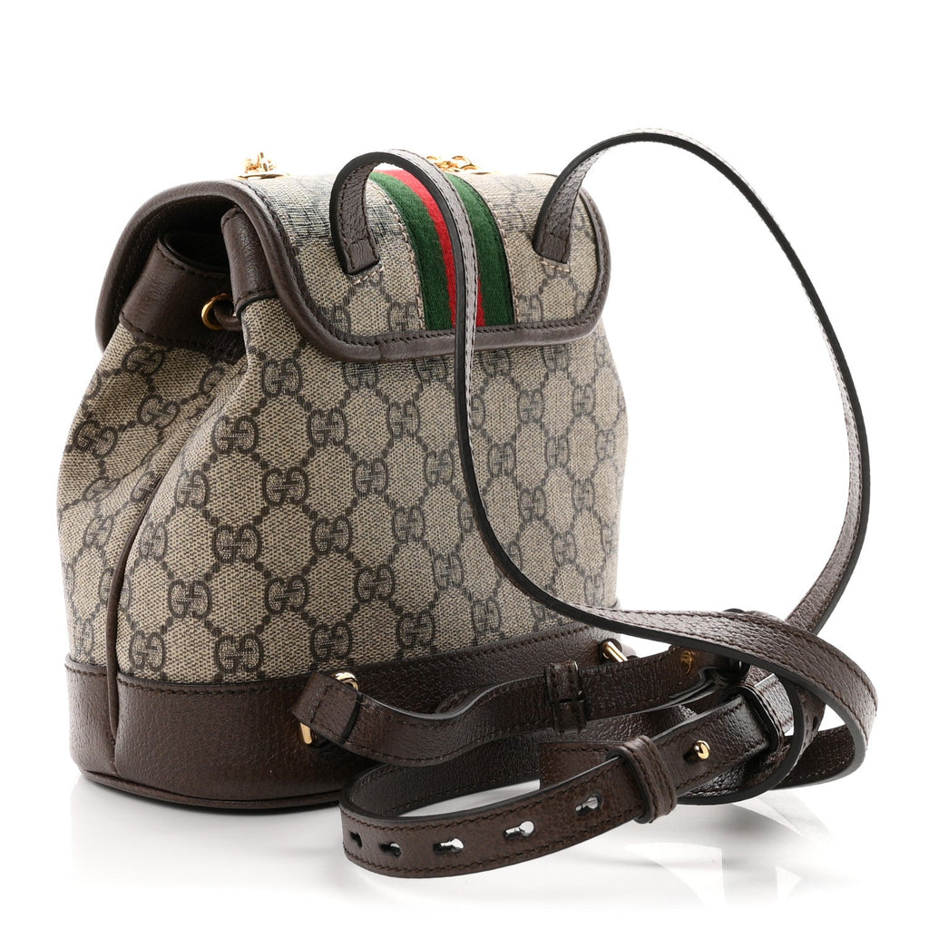 GG Supreme Monogram Textured Dollar Calfskin Web Mini Ophidia Chain Drawstring Backpack Beige Brown wholesalehk.shop