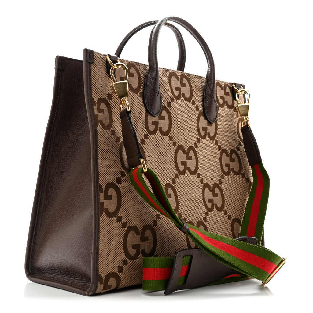 Monogram Jumbo GG Textured Dollar Calfskin Web Tote Bag Camel Ebony New Acero wholesalehk.shop