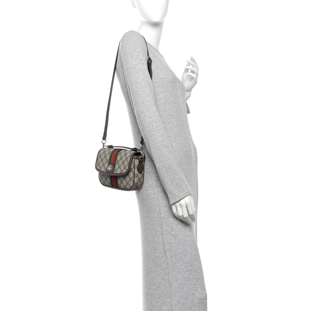 GG Supreme Monogram Textured Dollar Calfskin Small Ophidia Top Handle Shoulder Bag Beige Brown wholesalehk.shop