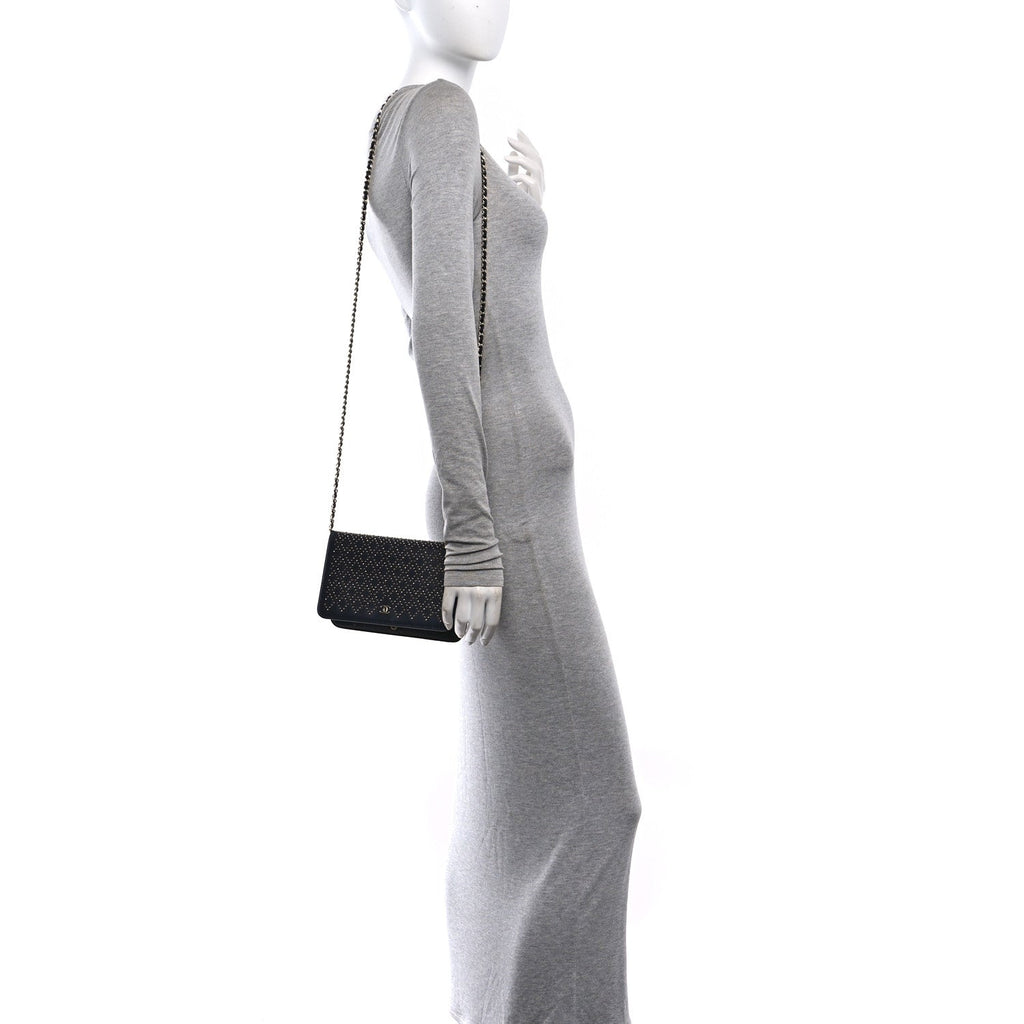 Lambskin Studded Wallet on Chain WOC Grey wholesalehk.shop