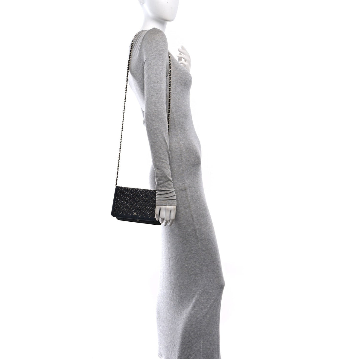 Lambskin Studded Wallet on Chain WOC Grey wholesalehk.shop