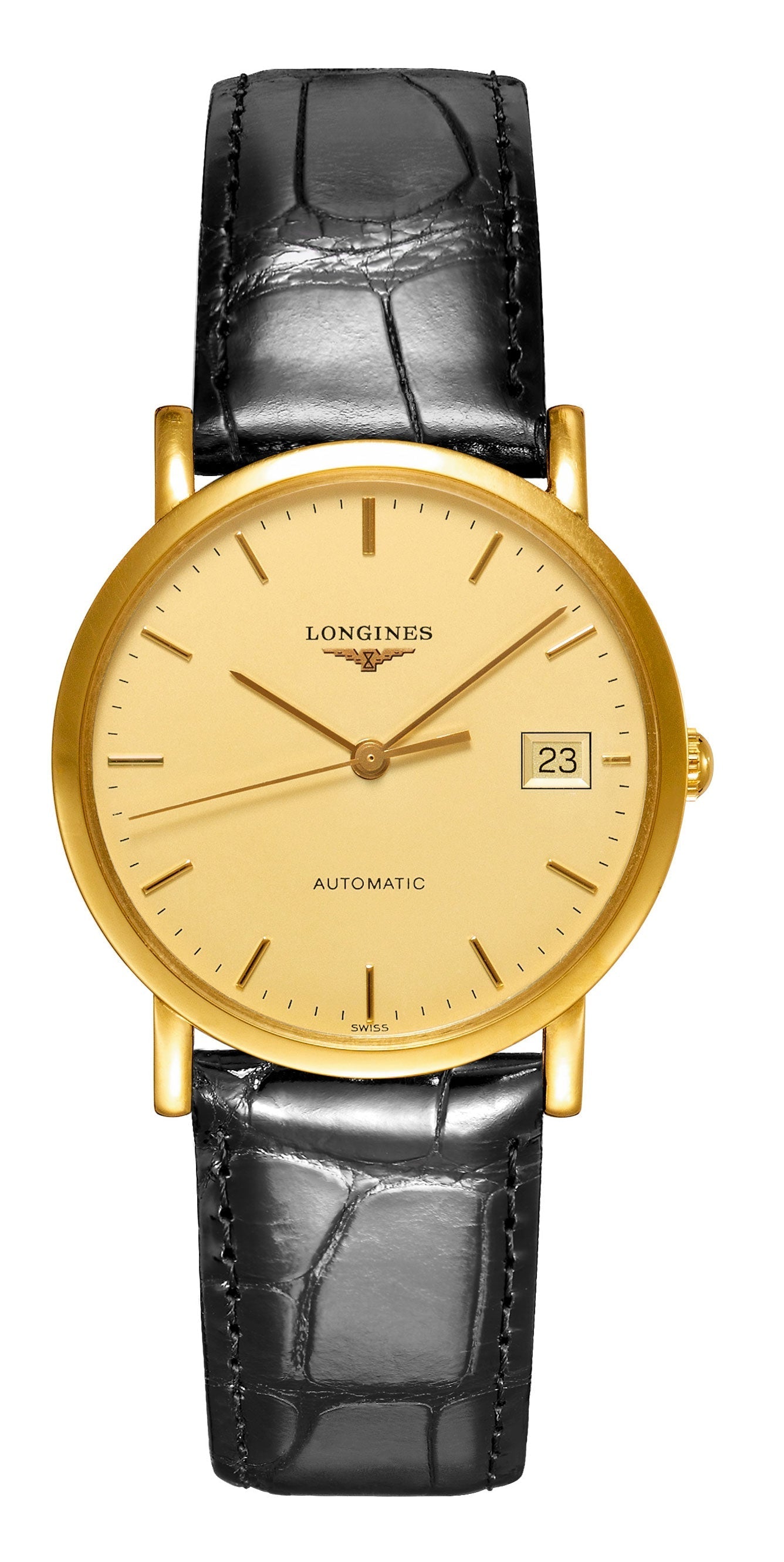 Longines Elegant Automatic 18K Yellow Gold Champagne Dial Black Leather Strap Date Womens Watch L4.778.6.32.0 wholesalehk.shop