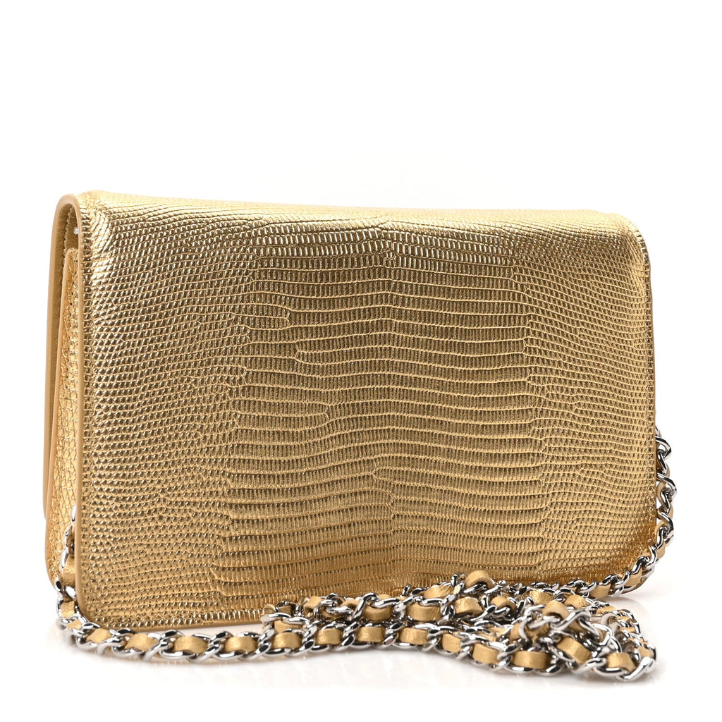 Calfskin Lizard Embossed Wallet On Chain WOC Gold wholesalehk.shop