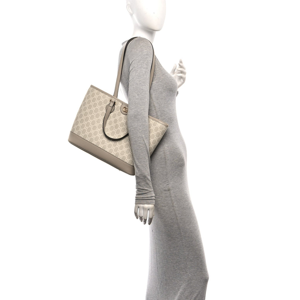 GG Supreme Monogram Textured Dollar Calfskin Small Ophidia Shoulder Tote Bag Beige Mystic White Oatmeal wholesalehk.shop