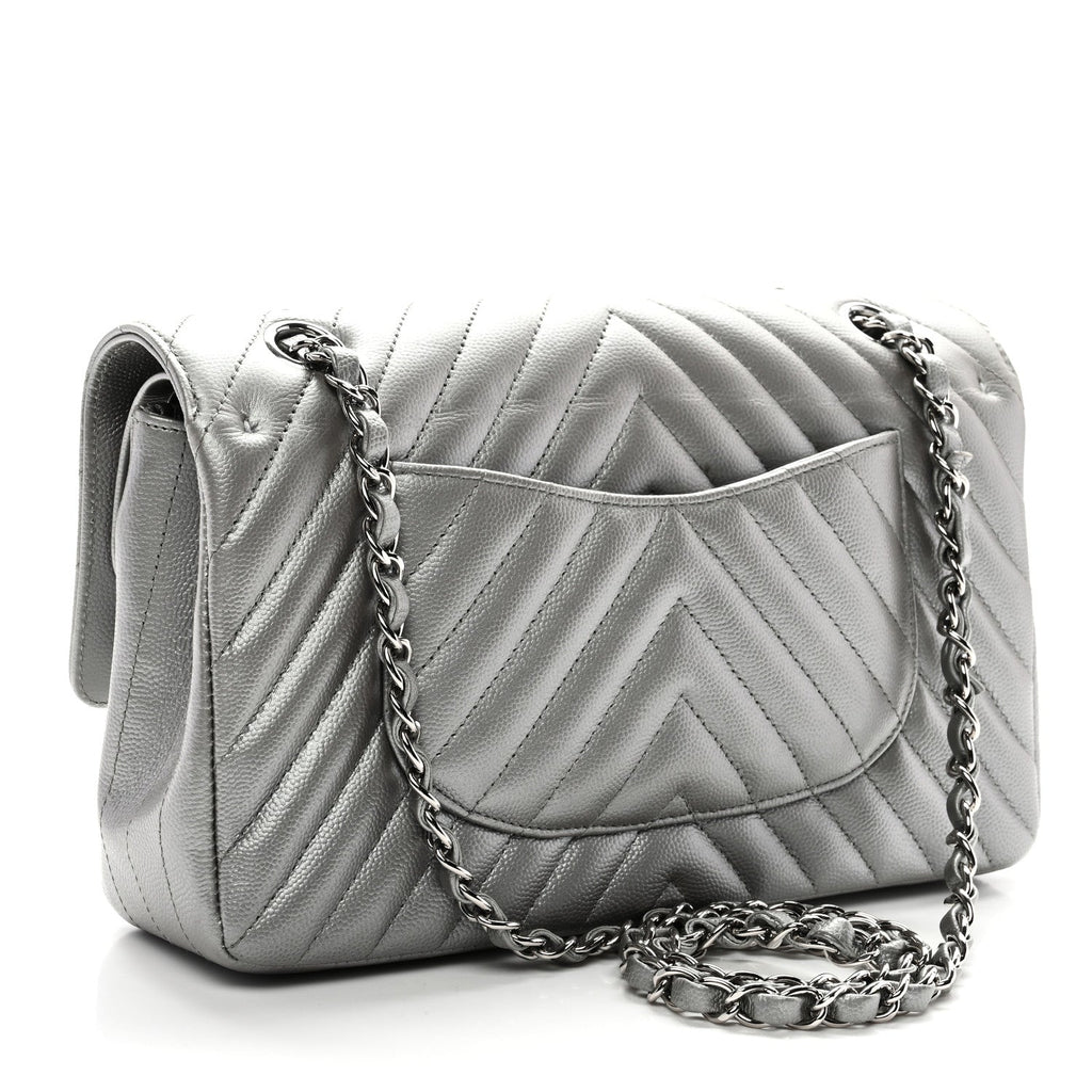 Metallic Caviar Chevron Quilted Medium Double Flap Silver wholesalehk.shop