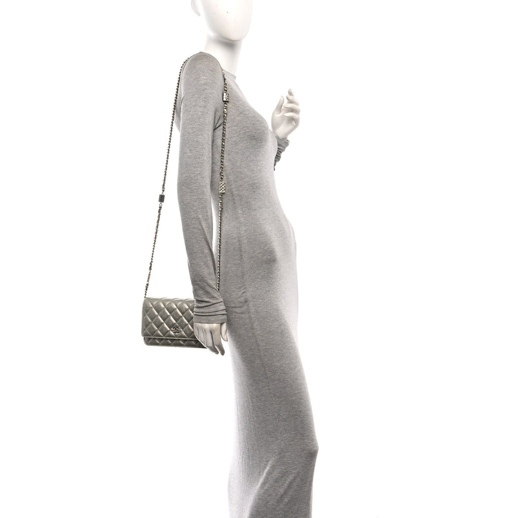 Metallic Crumpled Calfskin Quilted Flap Charm Wallet On Chain WOC Silver wholesalehk.shop