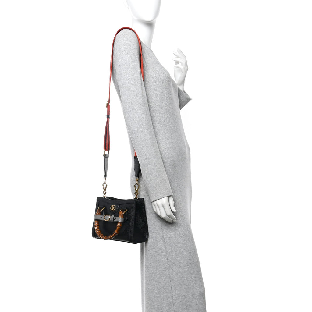 Textured Dollar Calfskin Web Mini Diana Tote Bag Black wholesalehk.shop