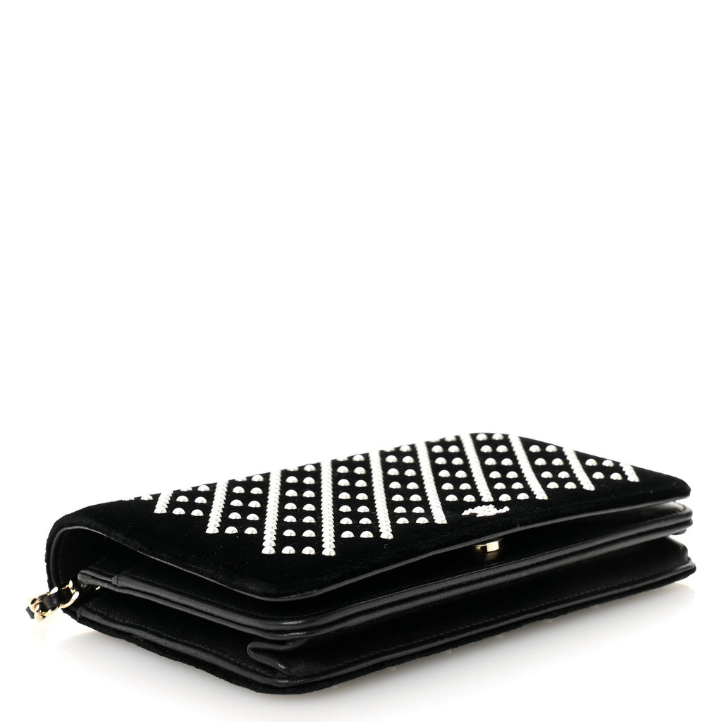 Velvet Pearl Diamond Embellished Wallet On Chain WOC Black wholesalehk.shop
