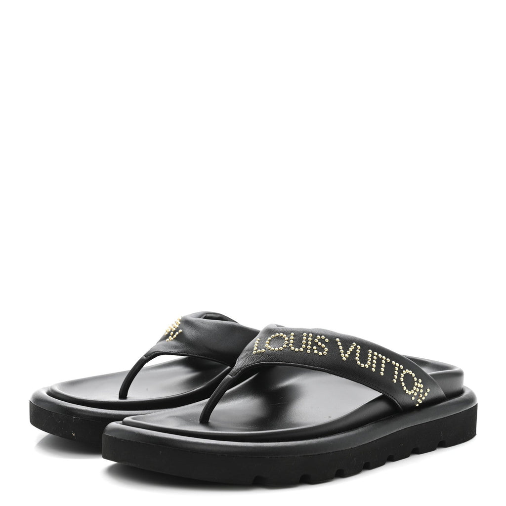 Calfskin Logo Studded Pillow Flat Thong Sandals 35 Black £¨ Direct shipment via from wholesalehk.shop