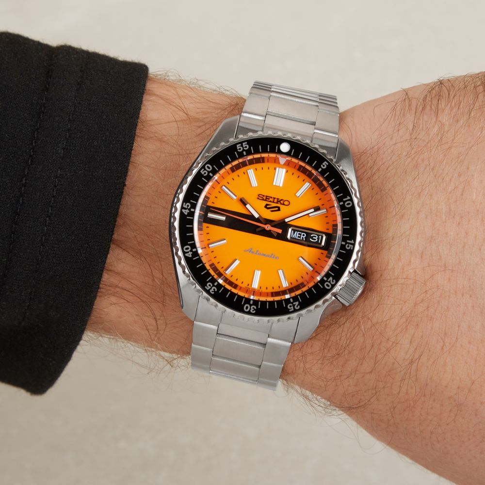 Seiko 5 Sports Double Hurricane Retro Orange Dial Silver Steel Strap Watch For Men - SRPK11K1 wholesalehk.shop