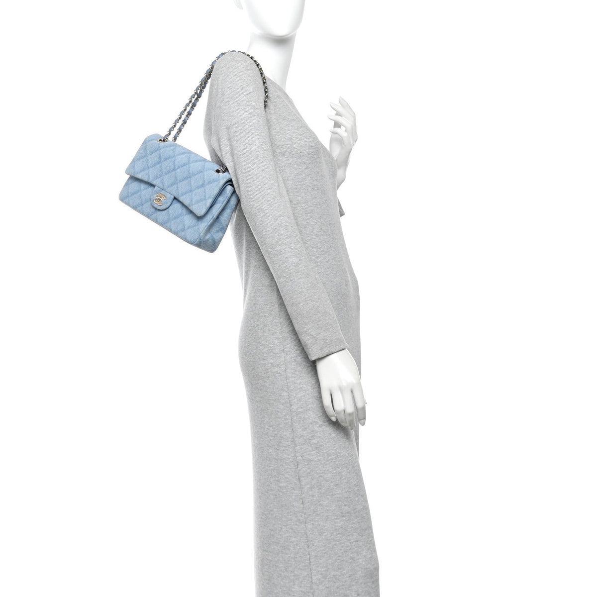 Printed Denim Quilted Medium Double Flap Light Blue wholesalehk.shop