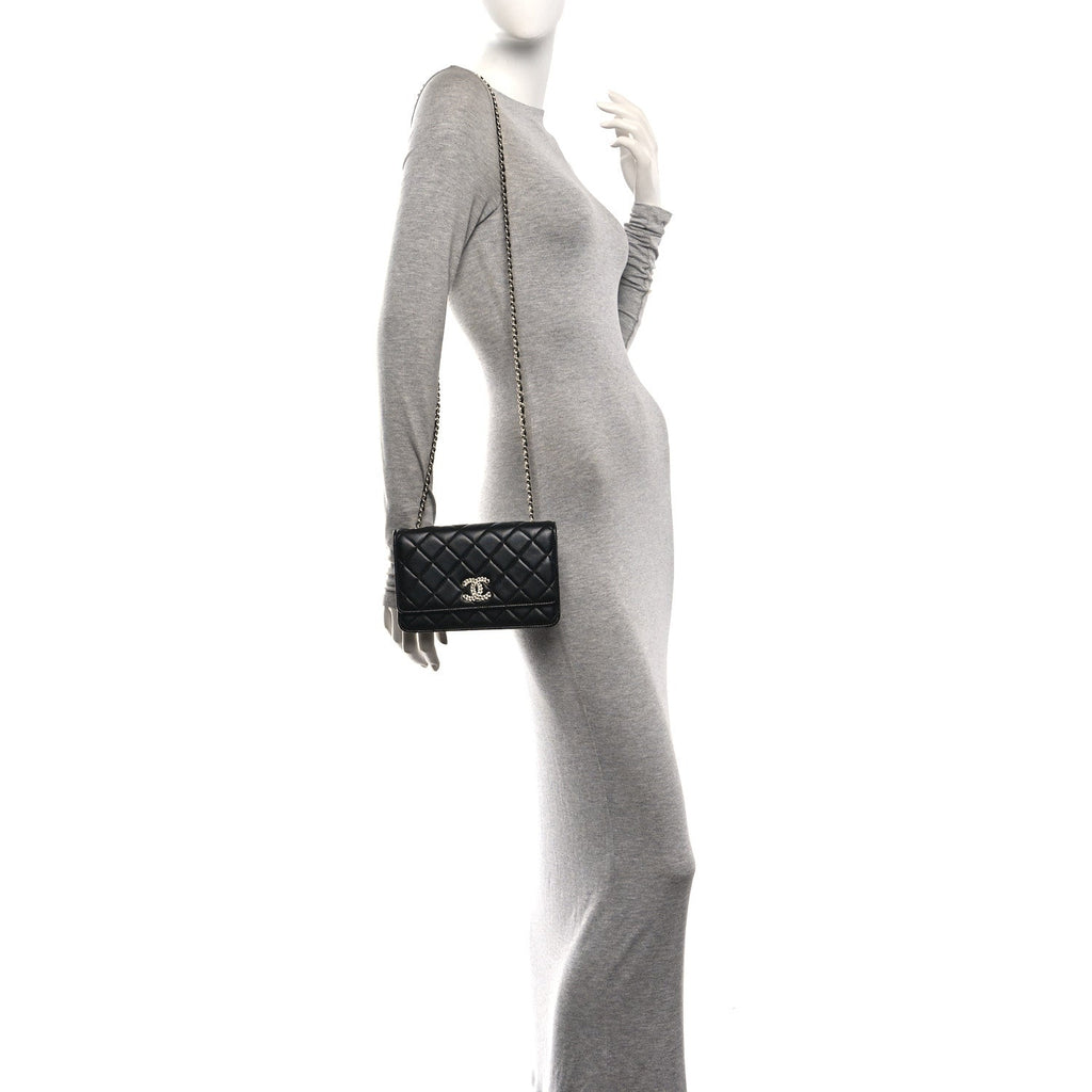 Lambskin Quilted Crystal CC Wallet On Chain WOC Black wholesalehk.shop