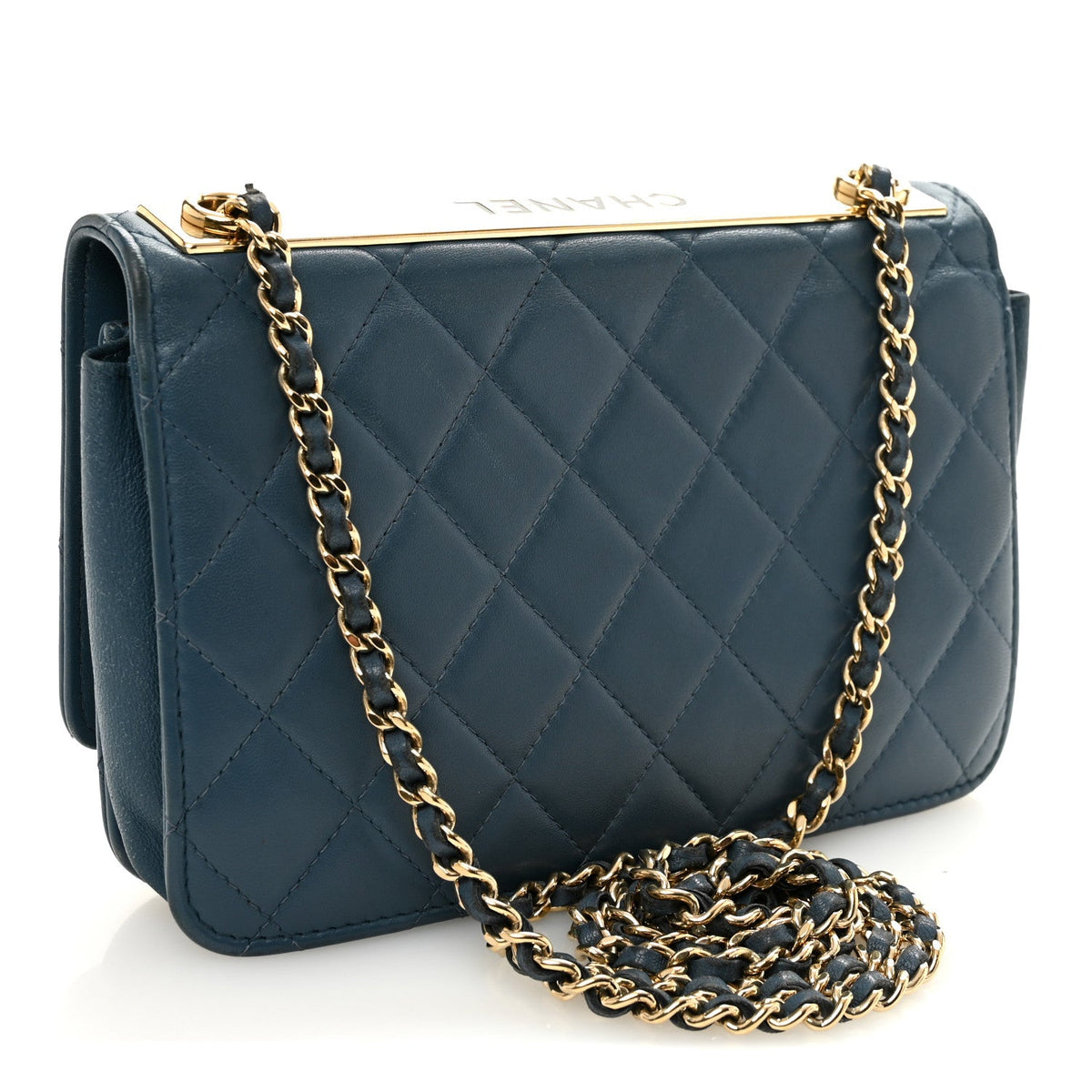 Lambskin Quilted Trendy CC Wallet On Chain WOC Blue wholesalehk.shop