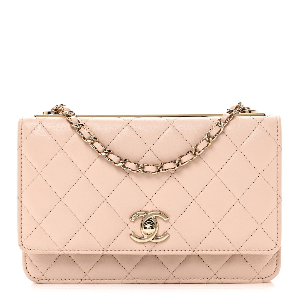 Lambskin Quilted Trendy CC Wallet On Chain WOC Light Beige wholesalehk.shop