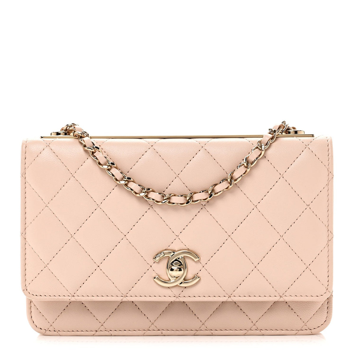 Lambskin Quilted Trendy CC Wallet On Chain WOC Light Beige wholesalehk.shop