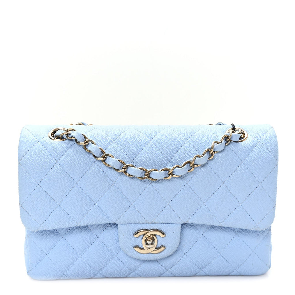 Caviar Quilted Small Double Flap Light Blue wholesalehk.shop