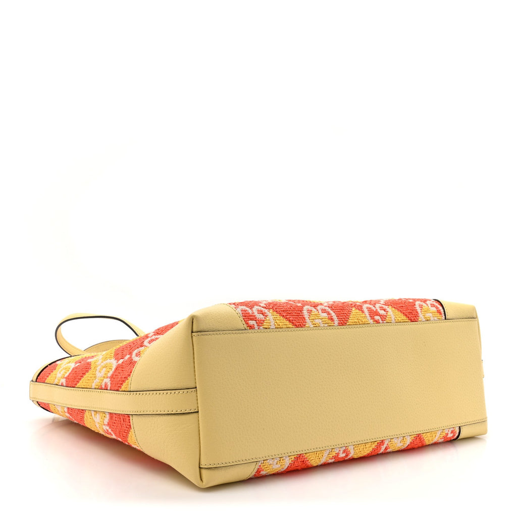 Straw Textured Dollar Calfskin Cancun Medium Ophidia Shopping Tote Orange Yellow wholesalehk.shop