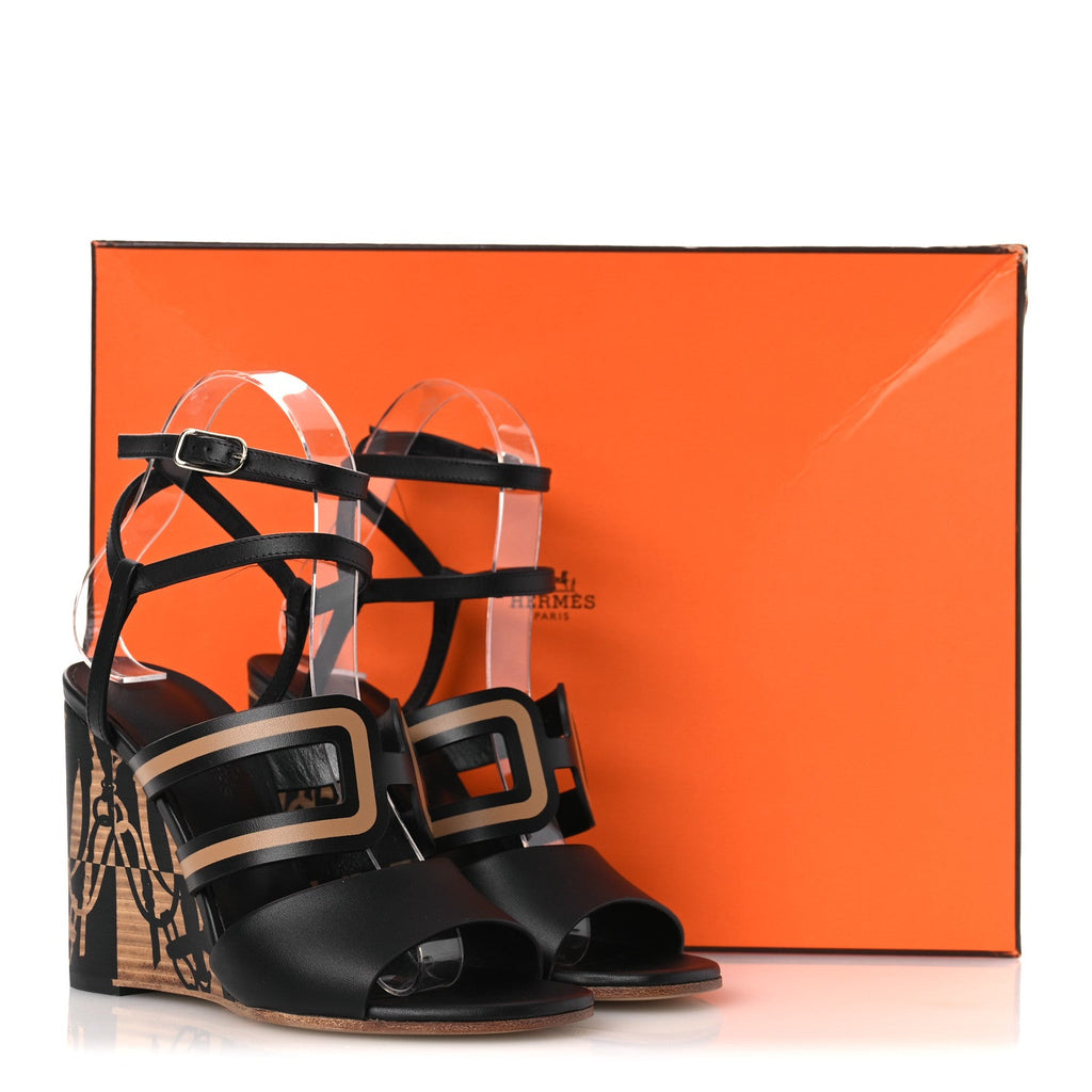 Calfskin Klara 100 Wedge Sandals 35 Black Natural wholesalehk.shop