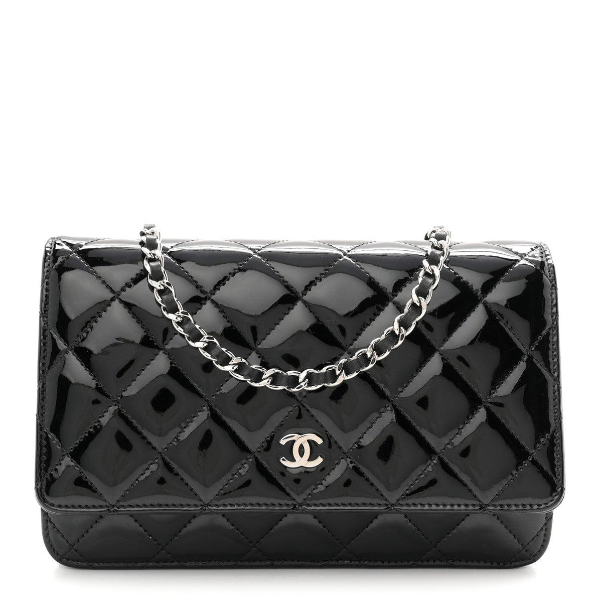 Patent Quilted Wallet On Chain WOC Black wholesalehk.shop