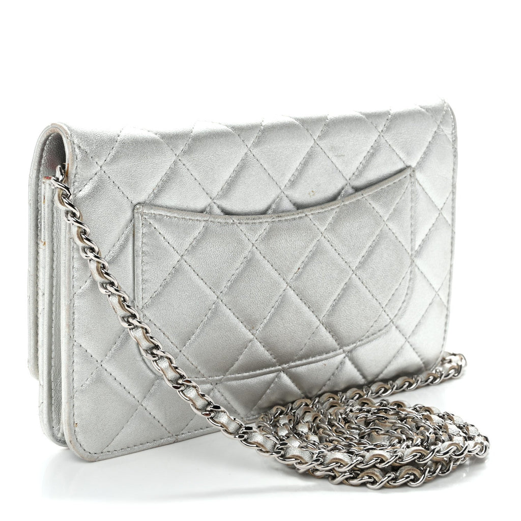 Metallic Lambskin Quilted Wallet On Chain WOC Silver wholesalehk.shop