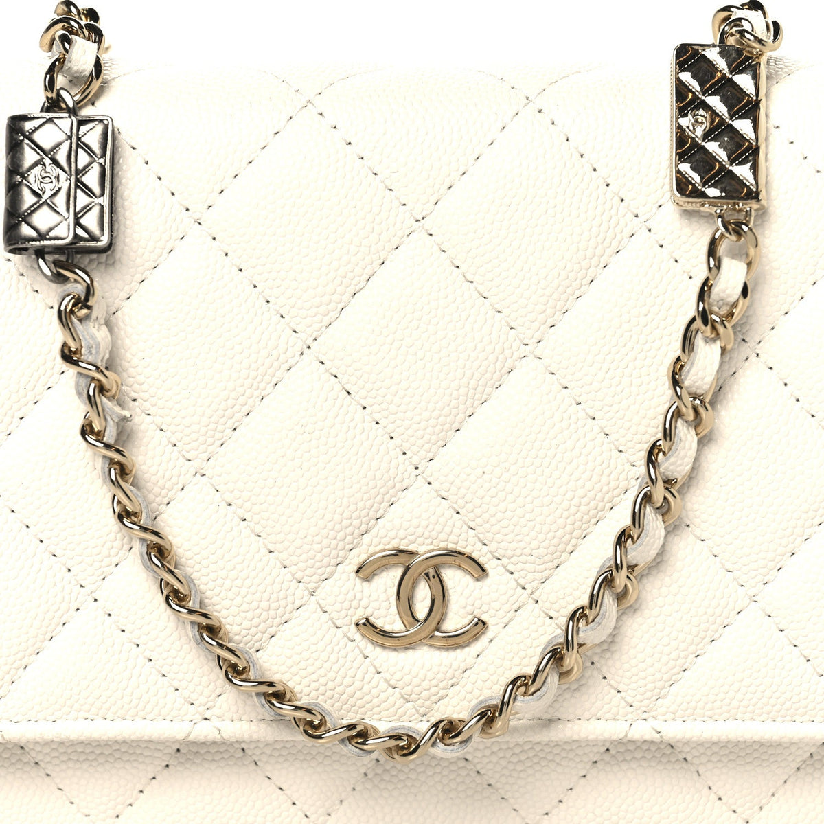 Shiny Caviar Quilted Flap Charm Wallet On Chain WOC White wholesalehk.shop