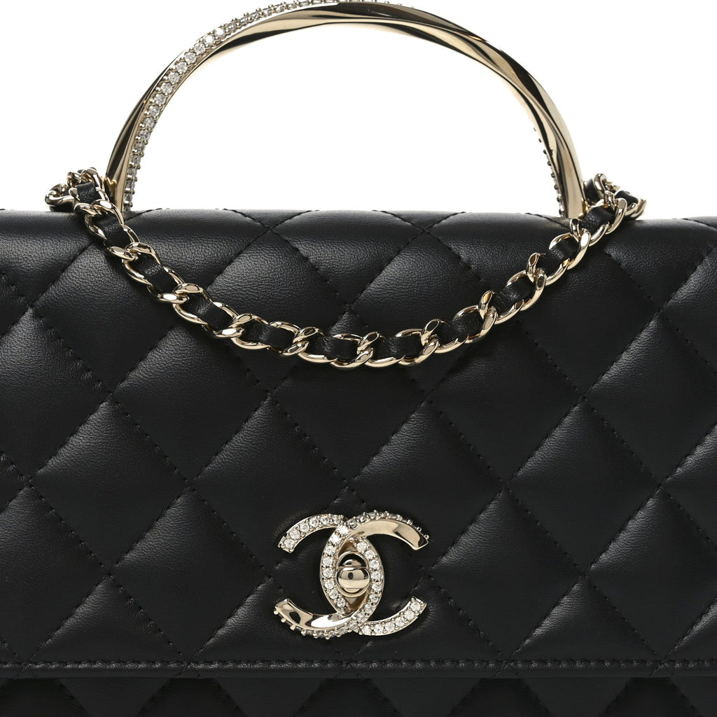 Lambskin Quilted Crystal Handle Wallet On Chain WOC Black wholesalehk.shop