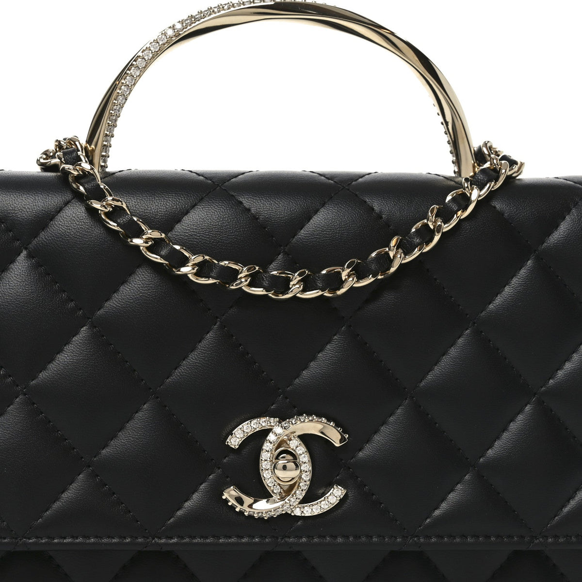 Lambskin Quilted Crystal Handle Wallet On Chain WOC Black wholesalehk.shop