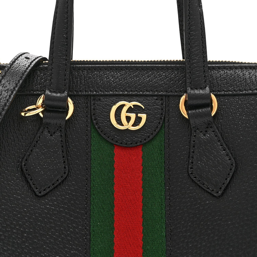 Textured Calfskin Web Small Ophidia Tote Bag Black wholesalehk.shop