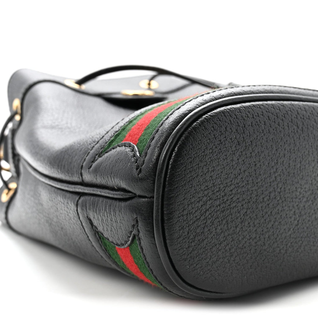 Glazed Textured Calfskin Web Small Ophidia Bucket Bag Black wholesalehk.shop
