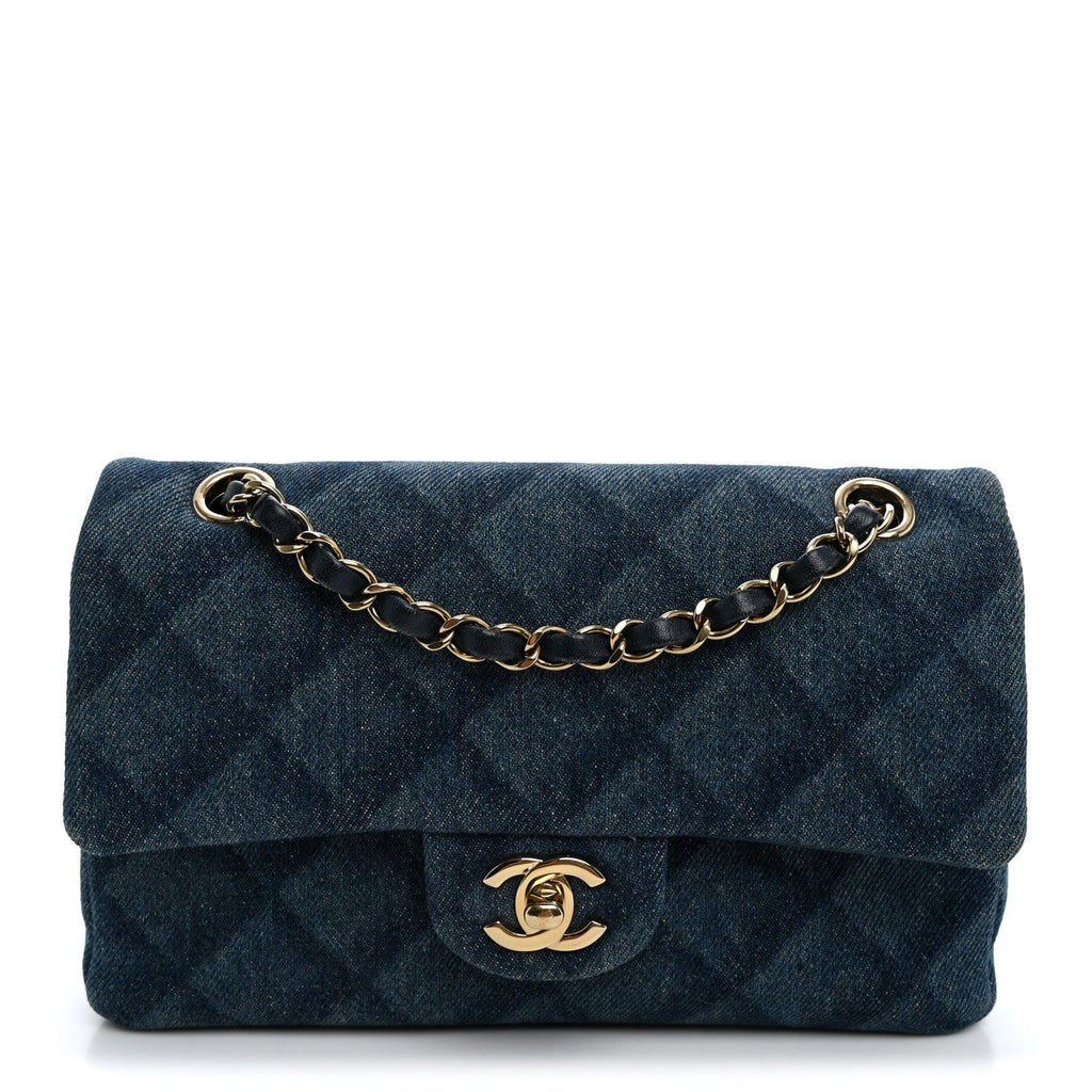 Printed Denim Quilted Small Double Flap Light Blue wholesalehk.shop