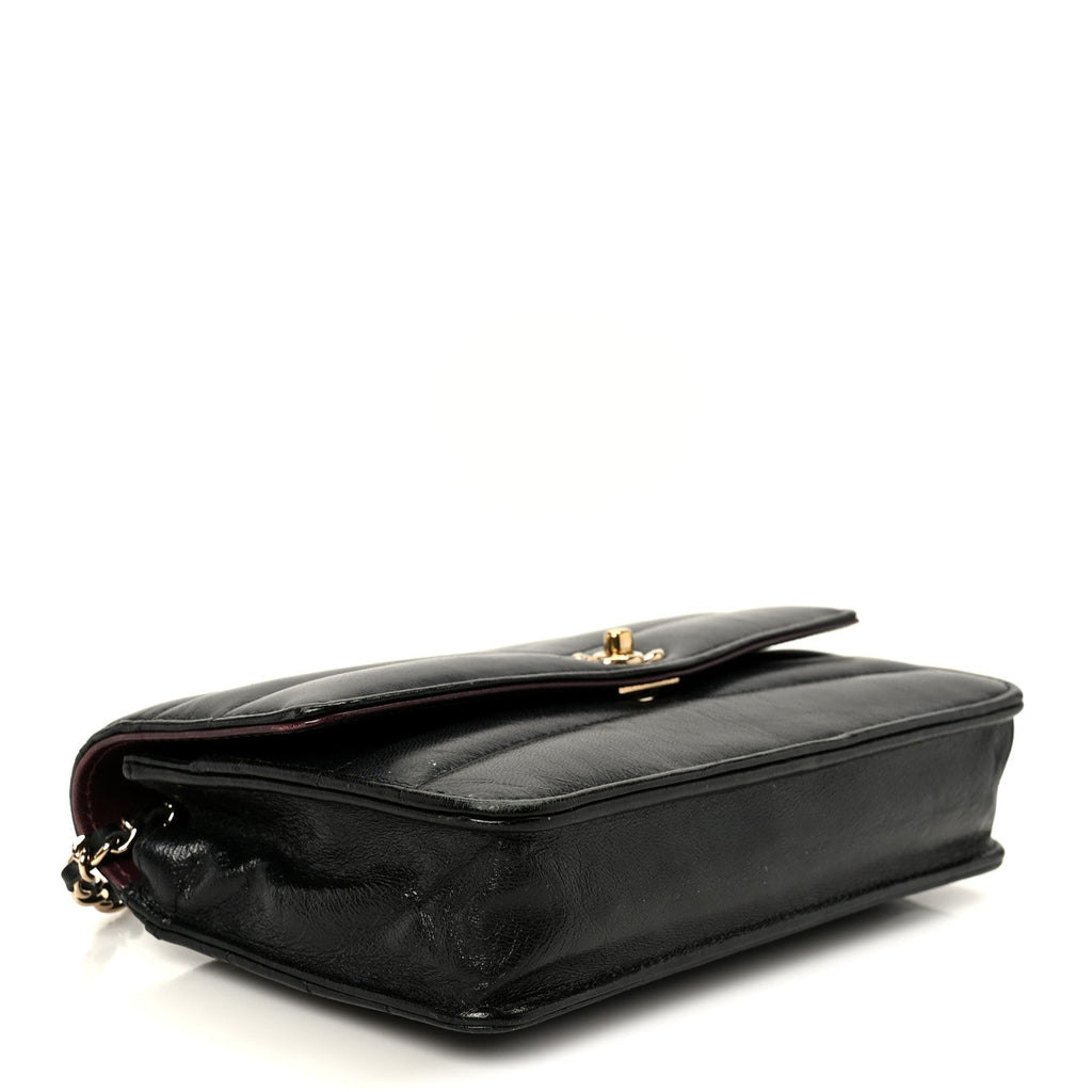 Lambskin Chevron Quilted Wallet On Chain WOC Black wholesalehk.shop