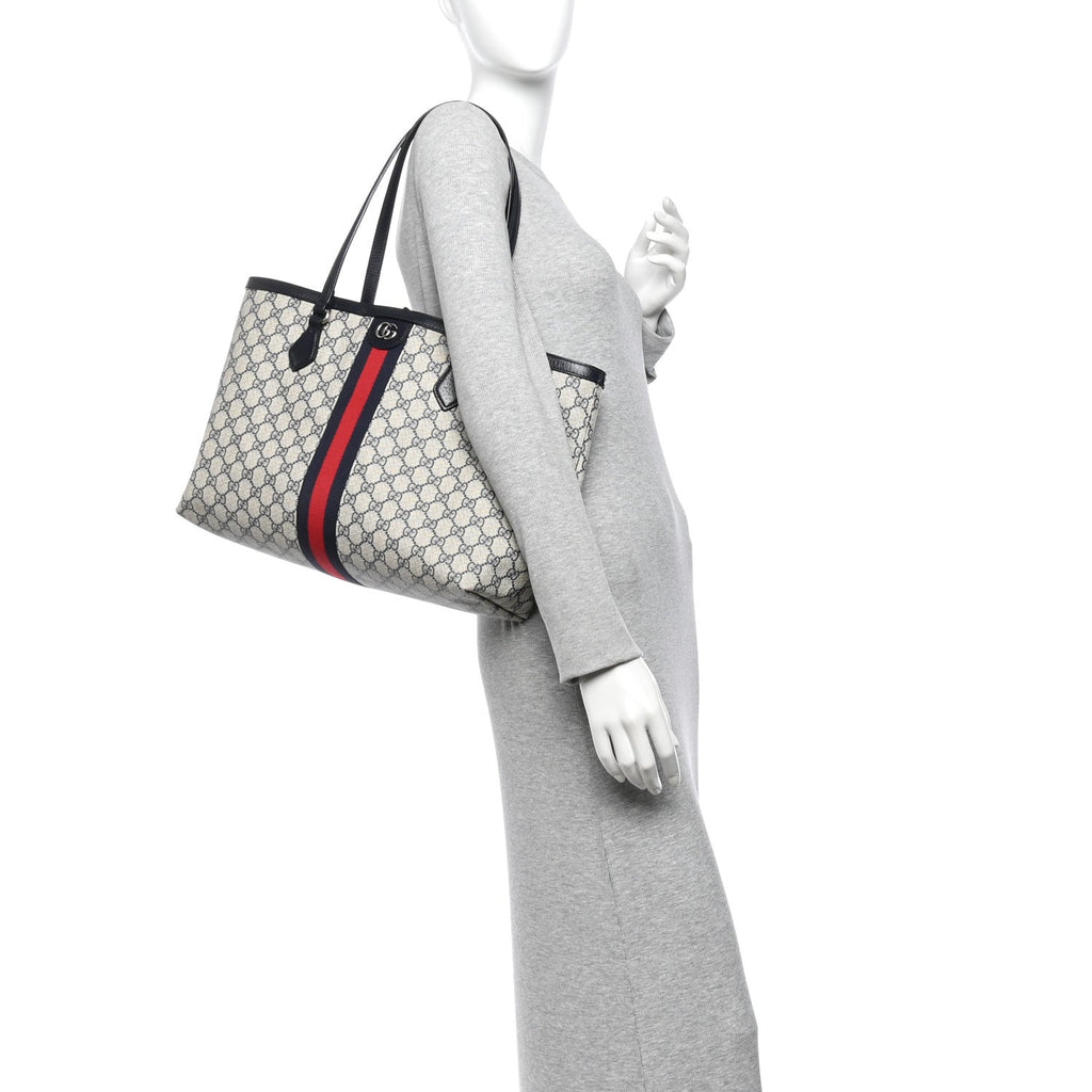 GG Supreme Monogram Textured Calfskin Web Medium Ophidia Shopping Tote Beige Blue wholesalehk.shop
